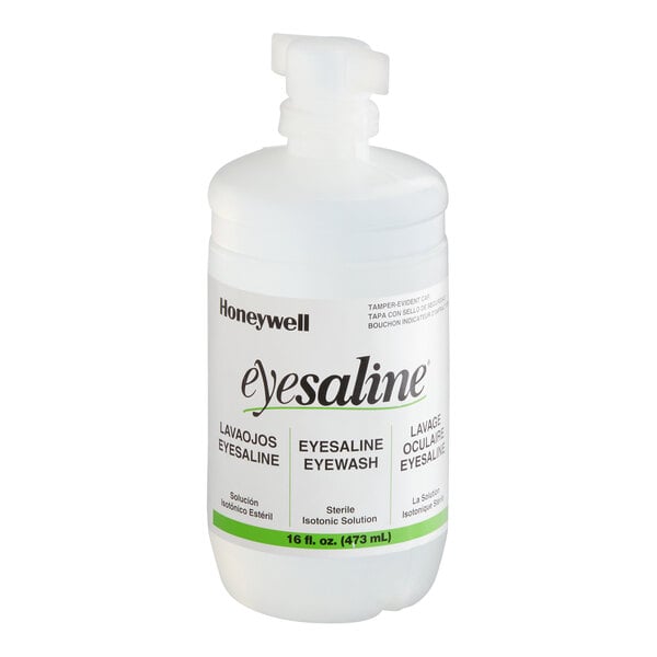 A 16 oz. bottle of Honeywell Eyesaline personal eyewash solution.