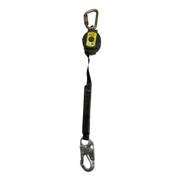 A Honeywell Miller black and yellow TurboLite personal fall limiter with steel carabiner and locking snap hook.