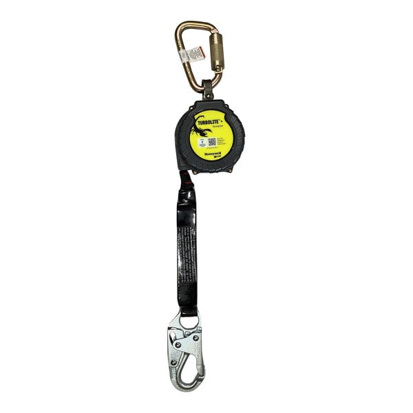 A black and yellow Honeywell Miller Scorpion personal fall limiter with a steel carabiner.