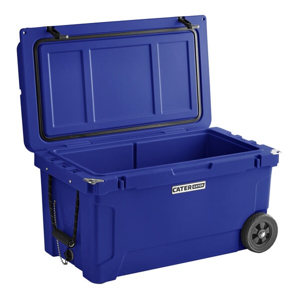 A navy blue CaterGator outdoor cooler with wheels.