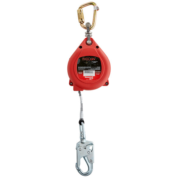 a red and silver retractable crane hook