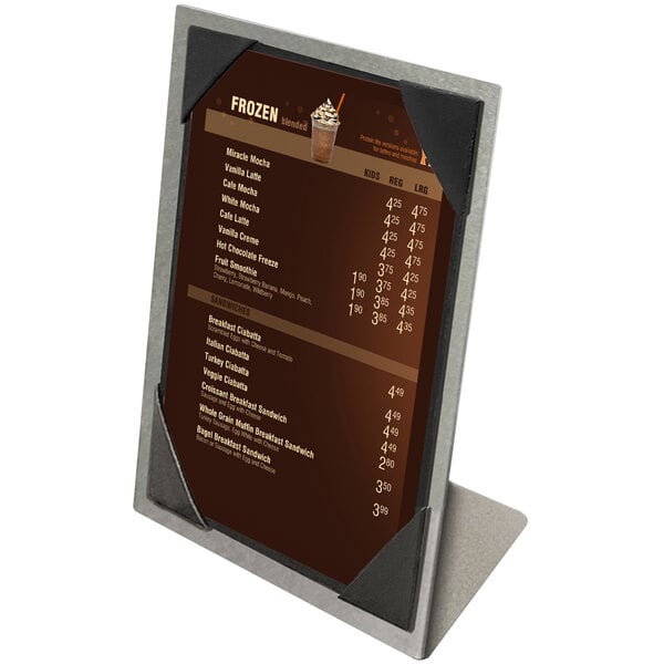 A Menu Solutions Alumitique aluminum menu tent with a menu on it.