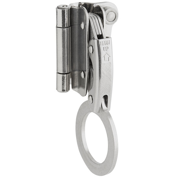 A close-up of a Honeywell Miller stainless steel manual rope grab with a key ring.