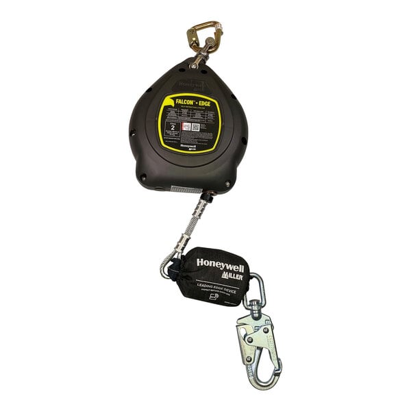 A yellow and black Honeywell Miller self-retracting lifeline with a white and black rope and a hook attached.
