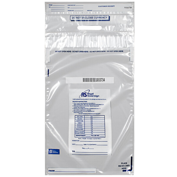 A pack of 50 white plastic Royal Sovereign coin deposit bags with a label.