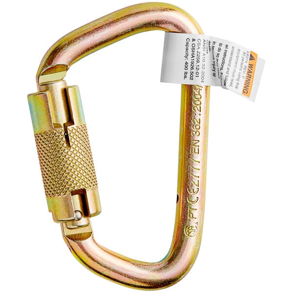 A close up of a Honeywell Miller metal twist-lock carabiner with a tag attached.