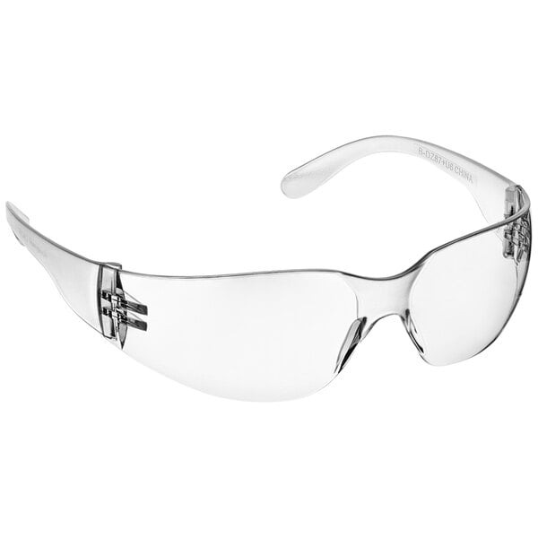 a clear safety goggles with a silver rim