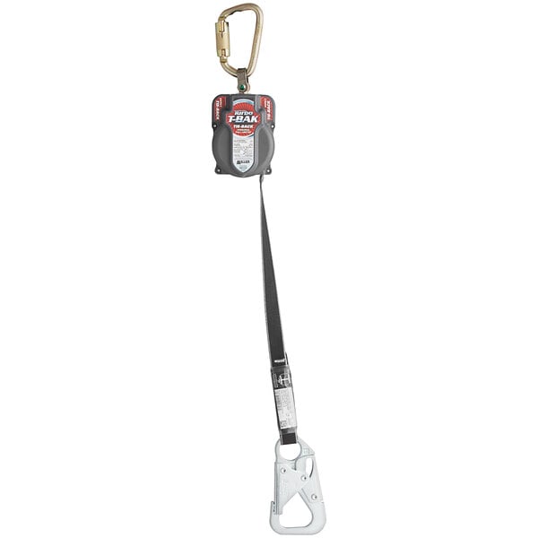 A black and white Honeywell Miller Turbo self-retracting lifeline with a steel twist-lock carabiner.