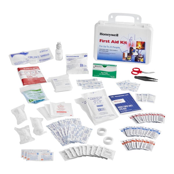 A white Honeywell North first aid kit with a few items.