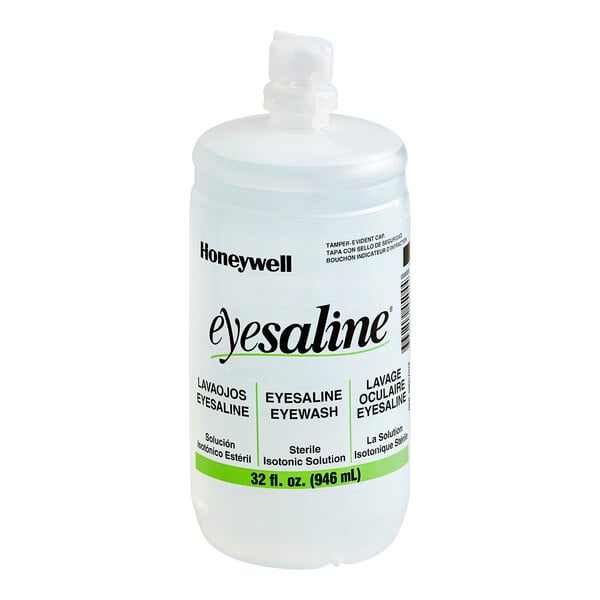 A 32-ounce bottle of Honeywell Eyesaline personal eyewash solution.