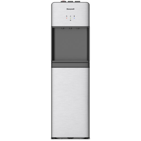 A stainless steel Honeywell bottom load water dispenser with a black lid.