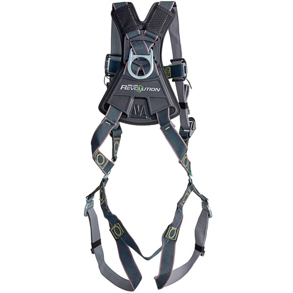 A black Honeywell Miller Revolution safety harness with white text on the straps.