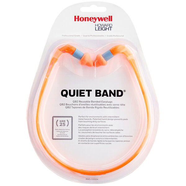 A close up of a Howard Leight by Honeywell High-Visibility banded earplug in orange packaging.