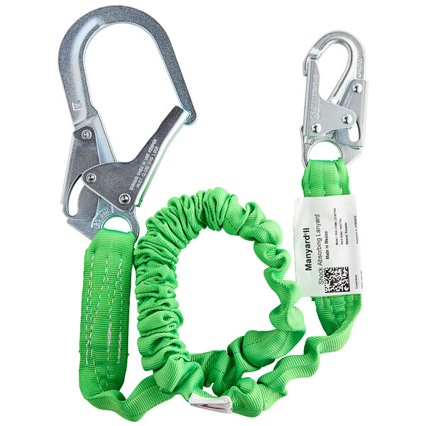 A green Honeywell stretchable shock-absorbing lanyard with a metal rebar hook.