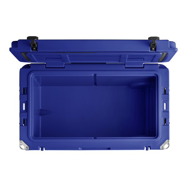 A navy blue CaterGator outdoor cooler with the lid open.