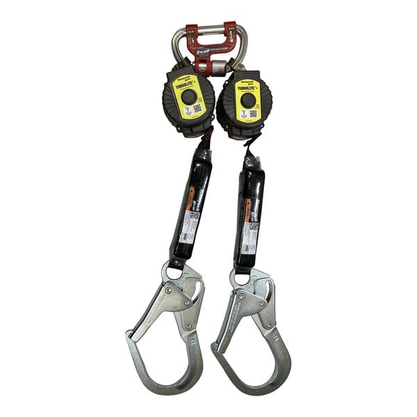 Two Honeywell Miller Twin Turbo G2 connectors with Aluminum Rebar Hooks and yellow and black objects.