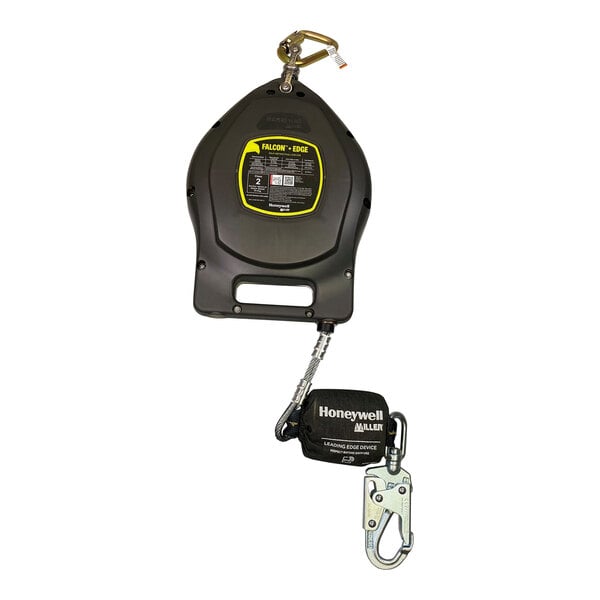 A black and yellow Honeywell Miller retractable lifeline with a hook.