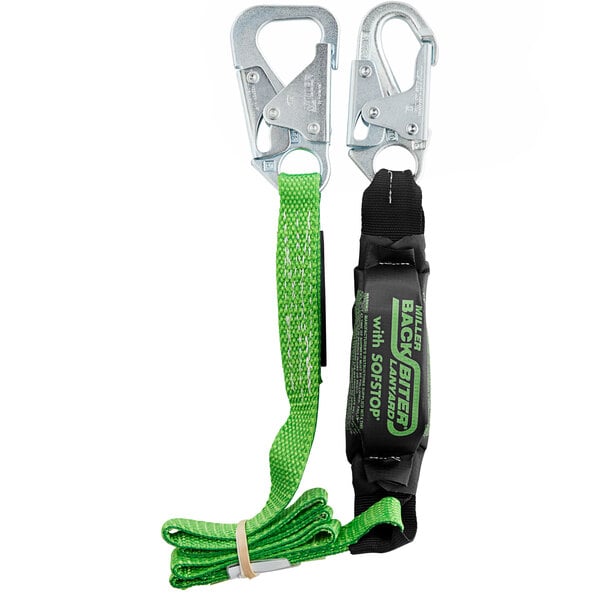 A Honeywell Miller green lanyard with a metal ring and a Miller snap hook.