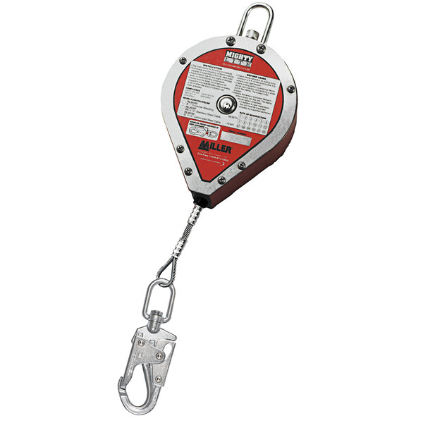 The stainless steel self-retracting lifeline with a red and white safety hook.