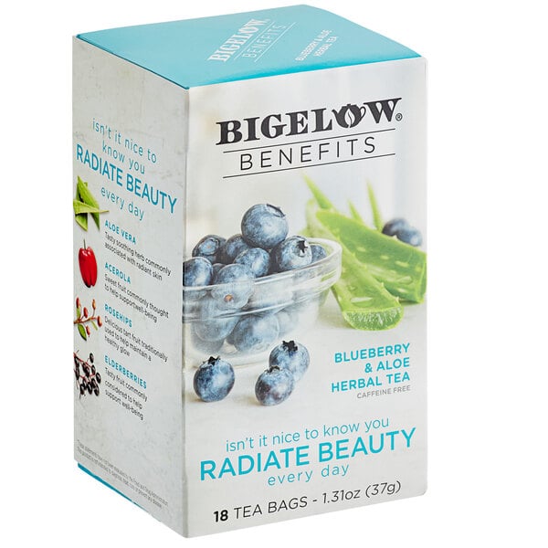 A box of Bigelow Benefits Blueberry and Aloe Herbal Tea Bags with a picture of blueberries.
