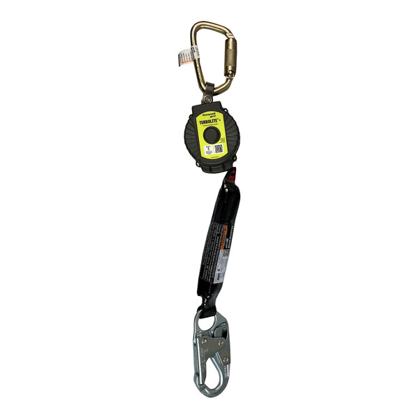 A Honeywell Miller TurboLite personal fall limiter with a locking snap hook and carabiner.