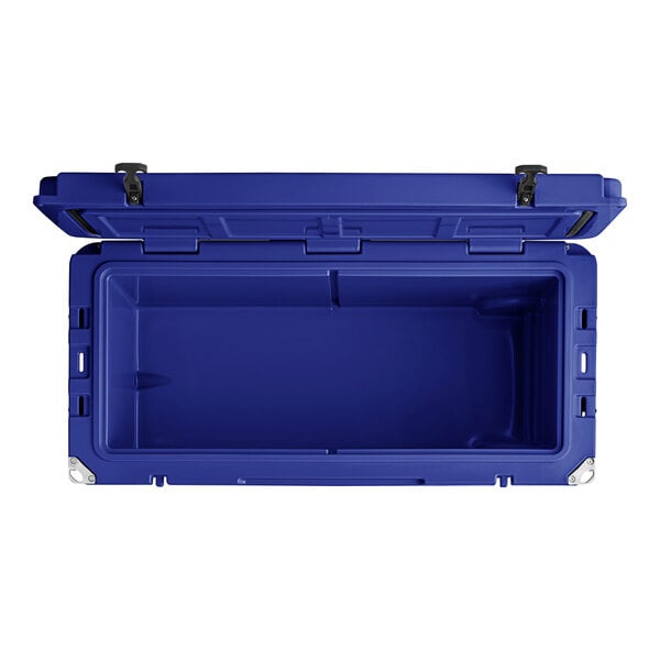 A navy blue CaterGator outdoor cooler with the lid open.