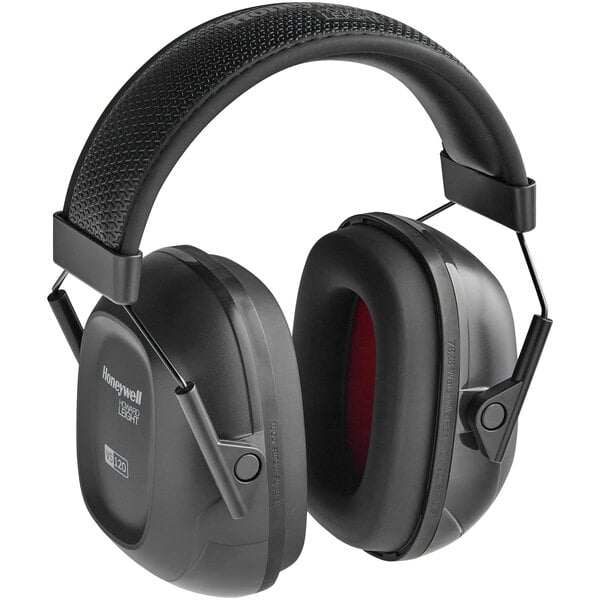 A pair of black Howard Leight ear defenders with red trim.