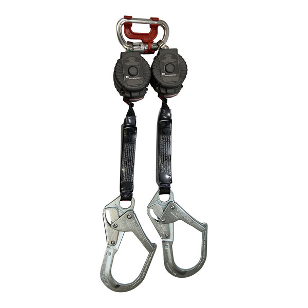 A pair of Honeywell Miller Twin Turbo G2 connectors with safety ropes and locking rebar hooks attached.