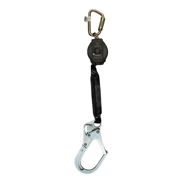 A black and white Honeywell Miller TurboLite personal fall limiter with a steel carabiner and locking rebar hook.