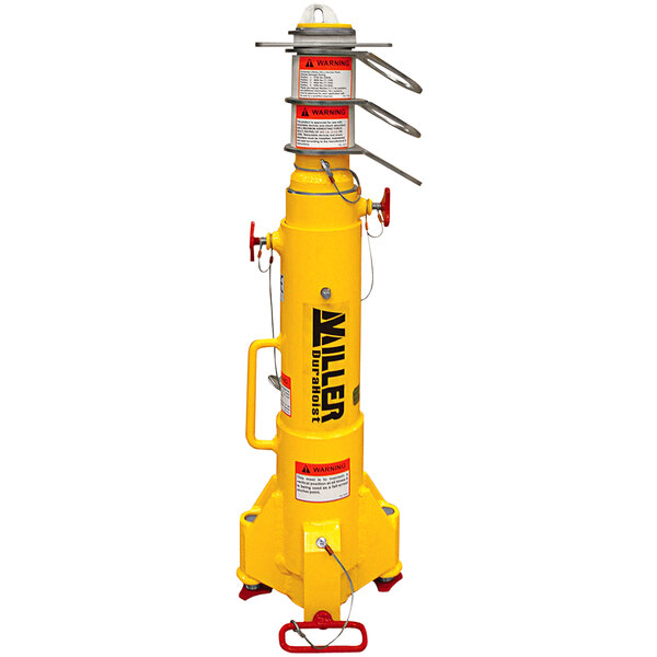 A yellow Honeywell Miller DuraHoist portable fall arrest anchor post with red handles.