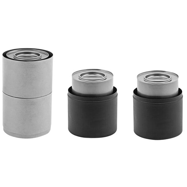 a black cylindrical container with a silver lid