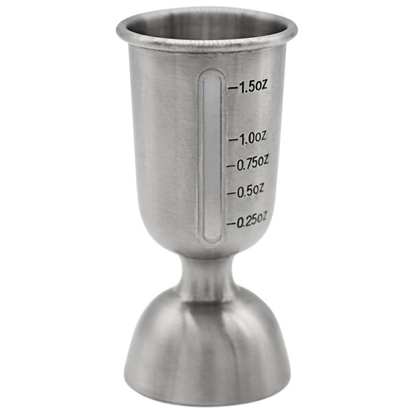 An Arcoroc Ellis Adams matte stainless steel bell jigger with a silicone gauge.