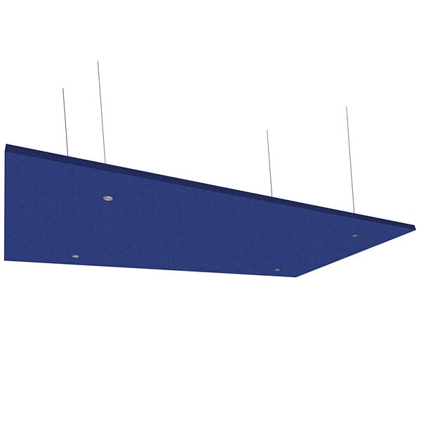 A blue rectangular Versare SoundSorb acoustic ceiling panel with two holes.