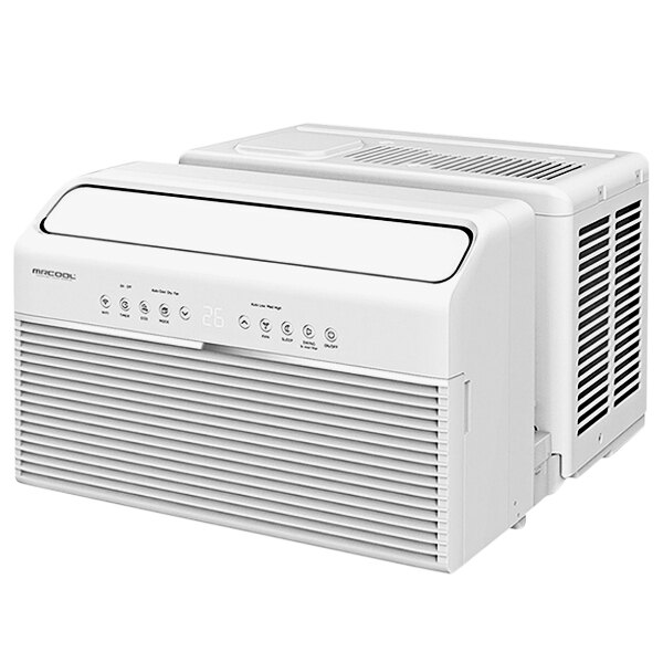 A white MRCOOL U-shaped window air conditioner with buttons.