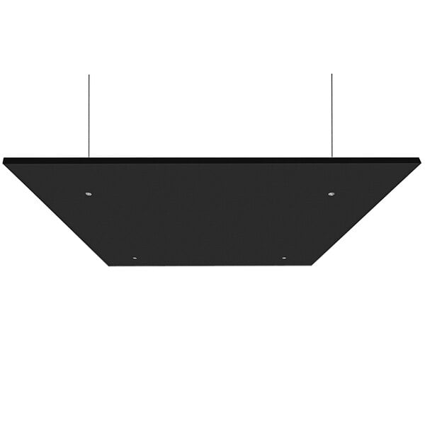 A black rectangular Versare SoundSorb acoustic panel hanging from a ceiling.