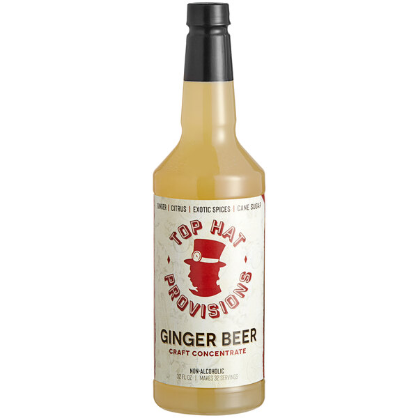 A bottle of Top Hat Provisions Spicy Ginger Beer concentrate with a label on it.
