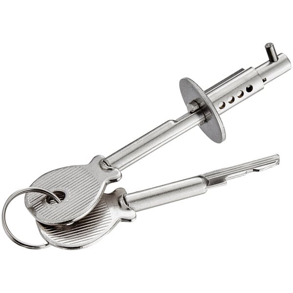 A close-up of an Avantco lock and key set with two keys on a white background.