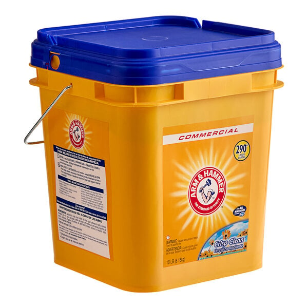 An Arm & Hammer yellow bucket with a blue lid.