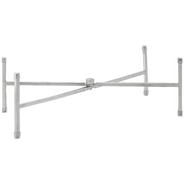 A stainless steel display riser with four legs.