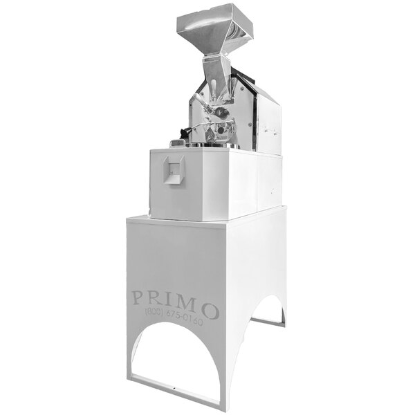 A Primo white matte coffee roaster with silver accents.