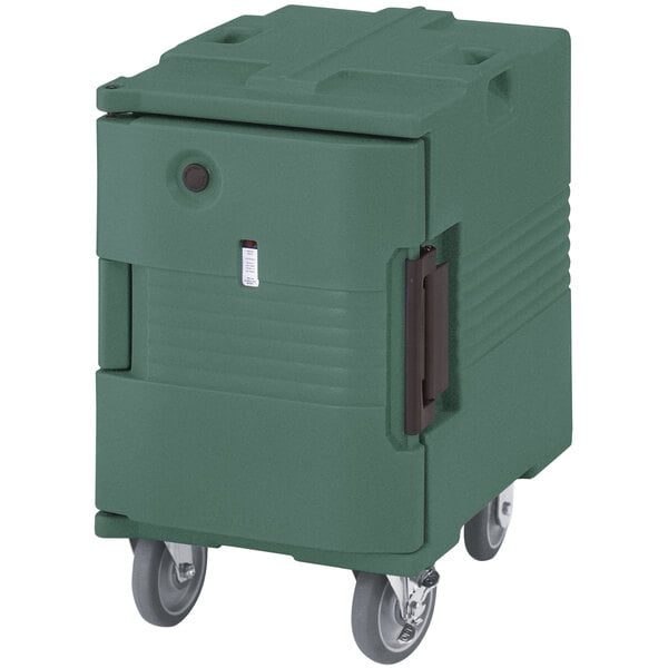 A green Cambro Ultra Pan Carrier with casters.