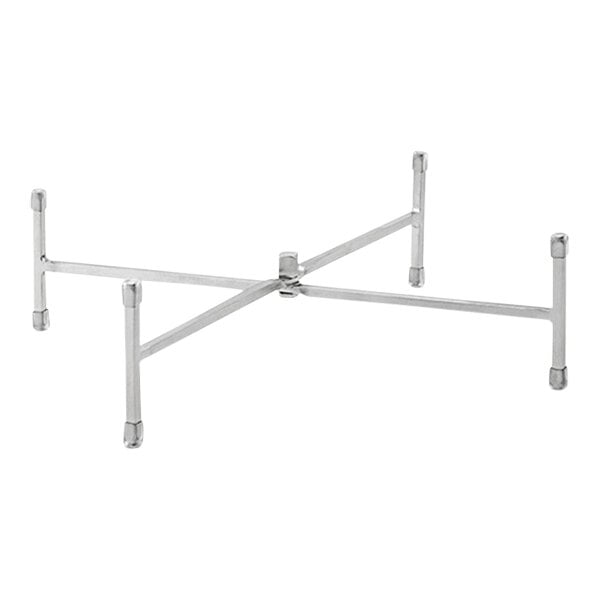 A stainless steel display riser with four legs.