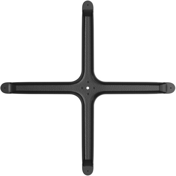 A black metal cross-shaped table base plate with four holes.