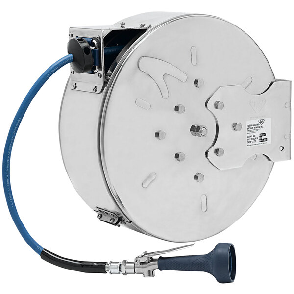 A silver T&amp;S hose reel with a blue and silver hose attached.