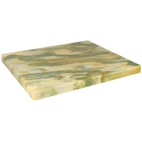 An American Tables & Seating yellow and green faux marble table top with a marbled surface.