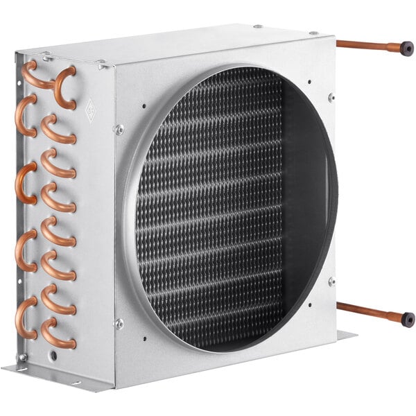 A metal Avantco condenser coil with copper coils inside.
