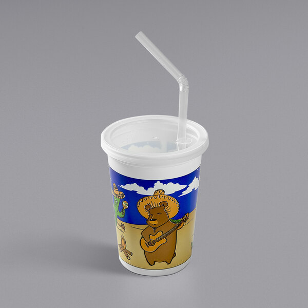 A Royal Paper Mexican print plastic kids cup with a straw and a white lid with a white straw.