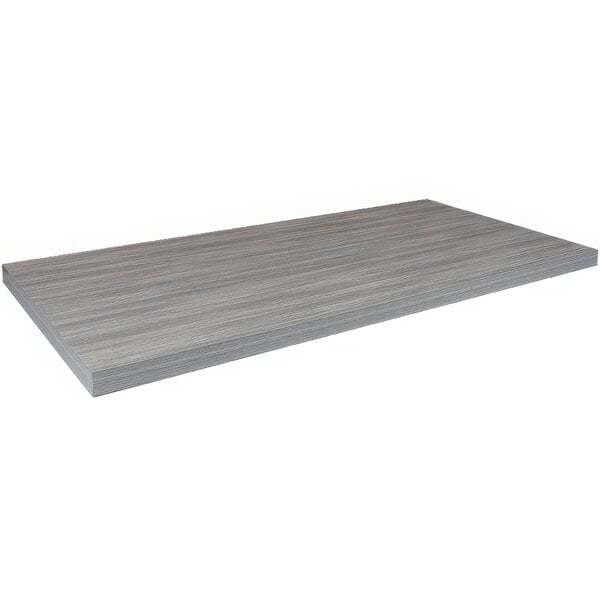 A rectangular American Tables & Seating light gray faux wood laminate table top.