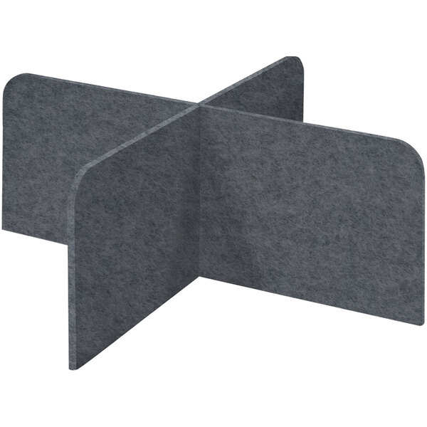 A dark gray felt desktop privacy panel with curved corners.