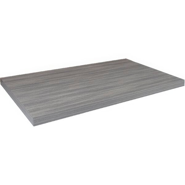 A rectangular American Tables & Seating light gray faux wood laminate table top.